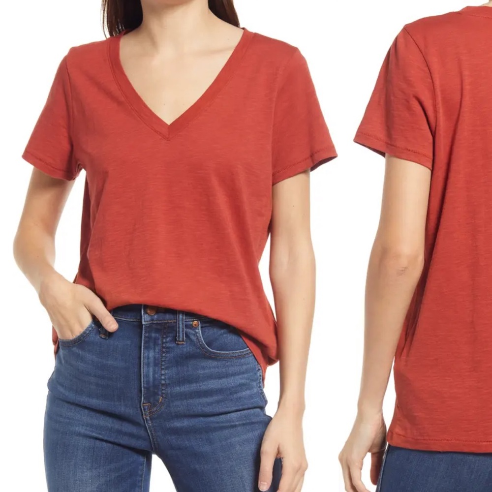 Madewell red v neck tee shirt with pocket